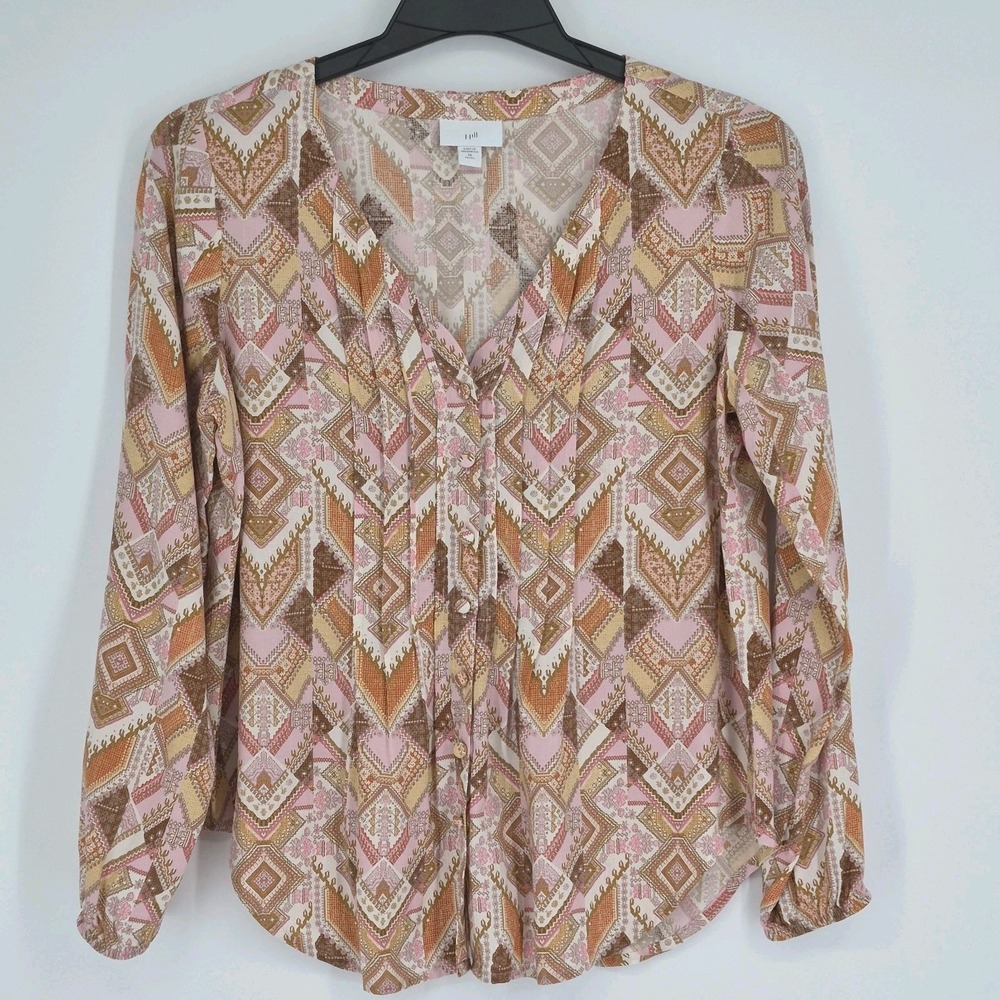 J. Jill Blouse Women's Pink Orange Geometric Tribal Pleated Rayon Tunic Sz XS/P